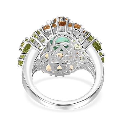 D'Joy Peacock Quartz (Triplet) and Multi Gemstone 8.35 ctw Floral Symphony Ring in Rhodium Over Sterling Silver (Size 10.0)