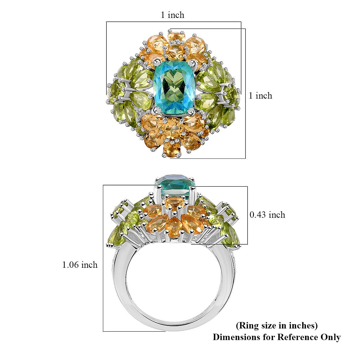 D'Joy Peacock Quartz (Triplet) and Multi Gemstone 8.35 ctw Floral Symphony Ring in Rhodium Over Sterling Silver (Size 10.0)