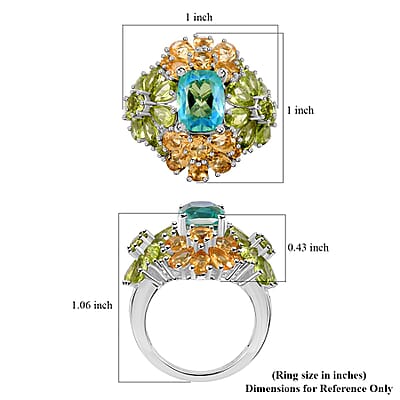 D'Joy Peacock Quartz (Triplet) and Multi Gemstone 8.35 ctw Floral Symphony Ring in Rhodium Over Sterling Silver (Size 10.0)
