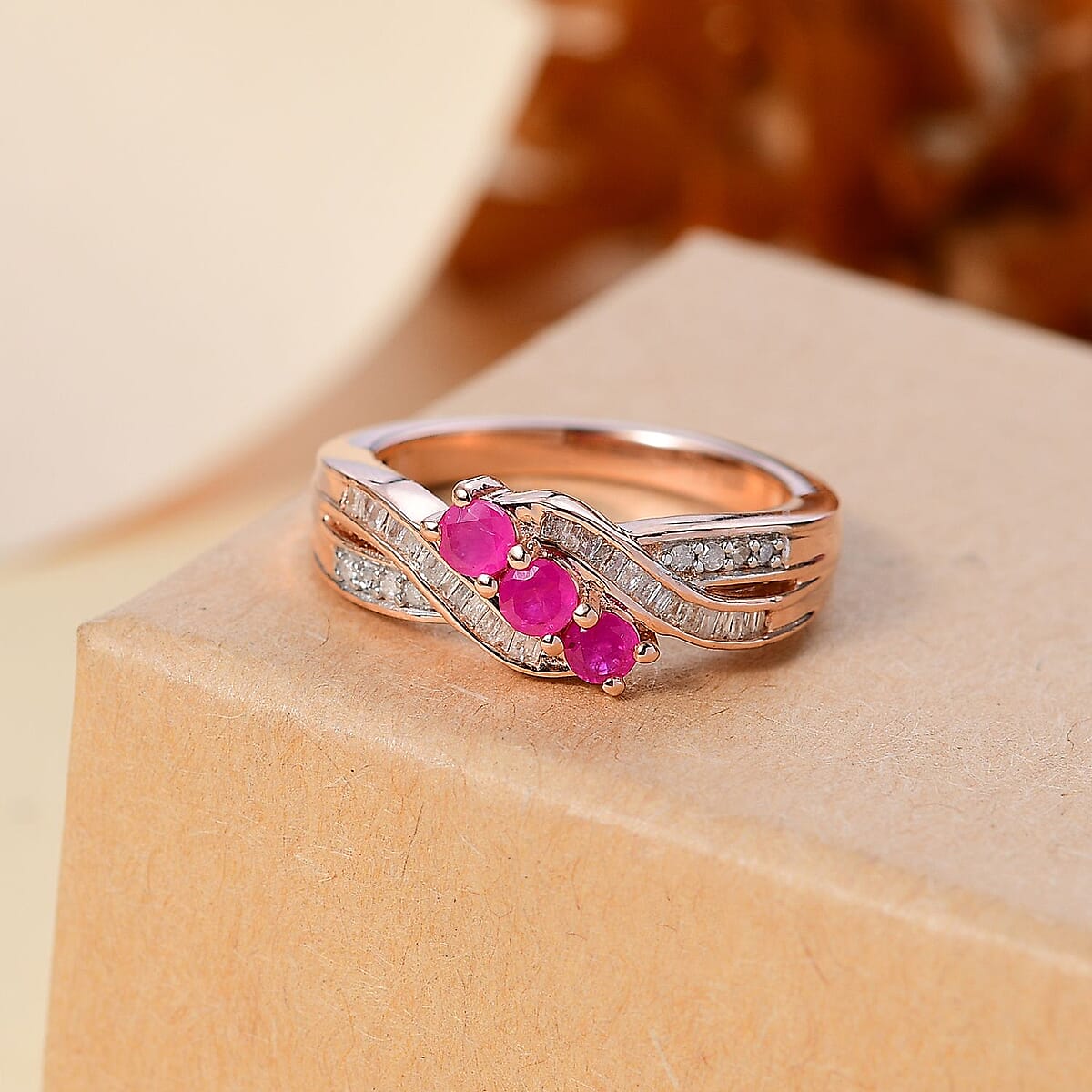 Premium Mozambique Pink Sapphire and Diamond 0.65 ctw Trinity Twisted Ring in 18K Vermeil Rose Gold Over Sterling Silver (Size 8.0) image number 1