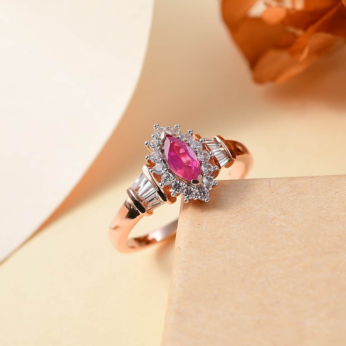 Premium Mozambique Pink Sapphire, White Zircon Halo Ring in 18K Vermeil RG Over Sterling Silver (Size 10.0) 1.10 ctw image number 1