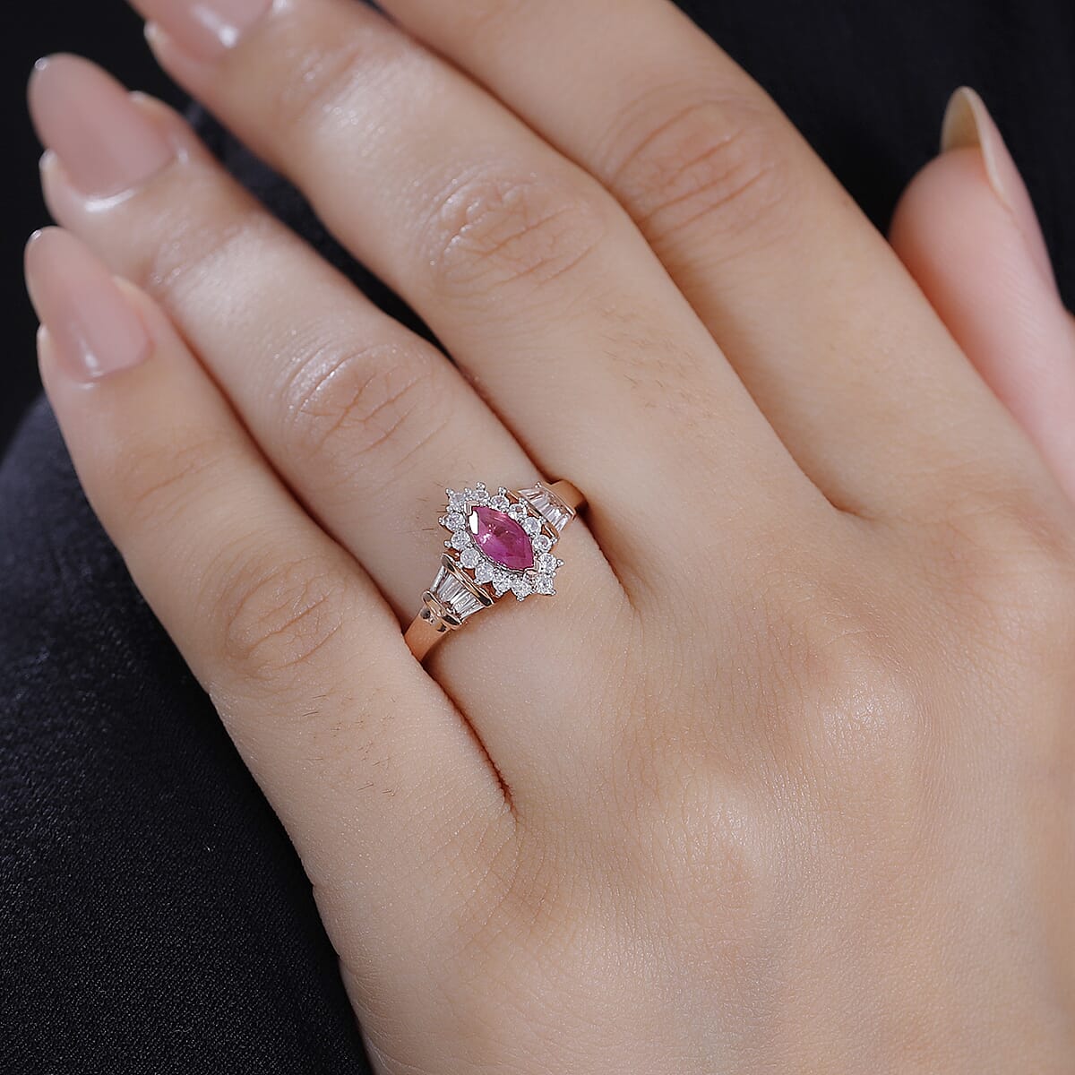 Premium Mozambique Pink Sapphire and White Zircon 1.10 ctw Ballerina Ring in 18K Vermeil Rose Gold Over Sterling Silver (Size 7.0) image number 2