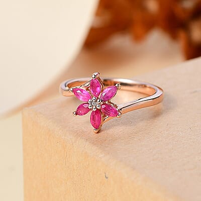 Premium Mozambique Pink Sapphire and Diamond 0.60 ctw Floral Ring in 18K Vermeil Rose Gold Over Sterling Silver (Size 10.0)