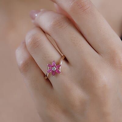Premium Mozambique Pink Sapphire and Diamond 0.60 ctw Floral Ring in 18K Vermeil Rose Gold Over Sterling Silver (Size 10.0)