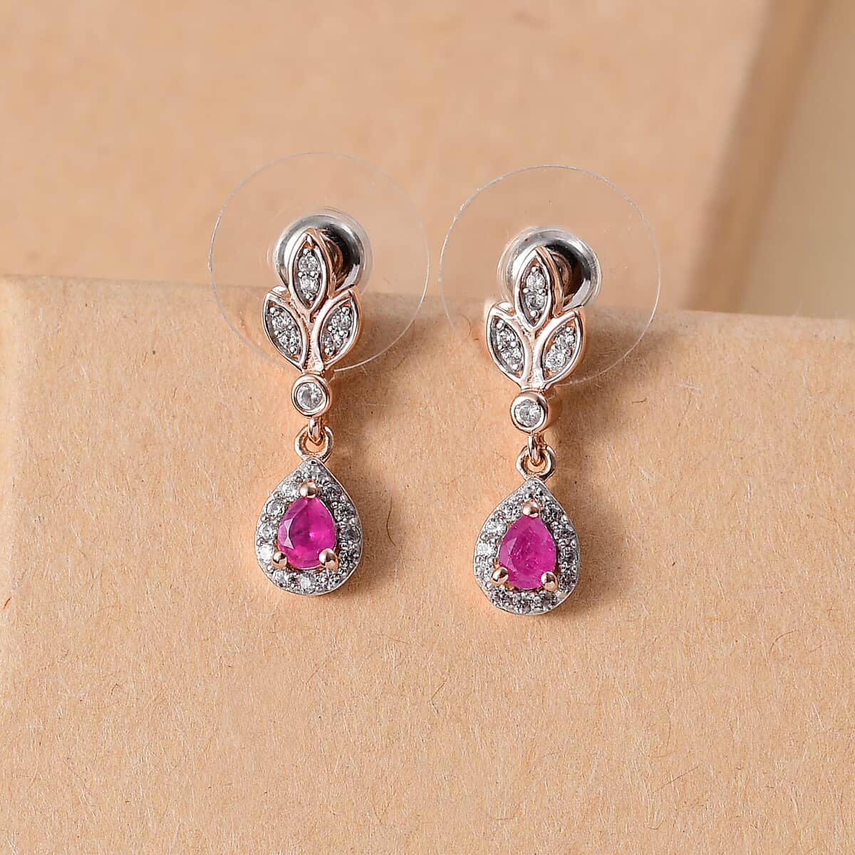 Premium Mozambique Pink Sapphire and White Zircon 0.70 ctw Drop Earrings in 18K Vermeil Rose Gold Over Sterling Silver image number 1