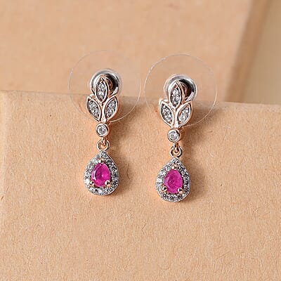 D'Joy Premium Mozambique Pink Sapphire and White Zircon 0.70 ctw Drop Earrings in 18K Vermeil Rose Gold Over Sterling Silver