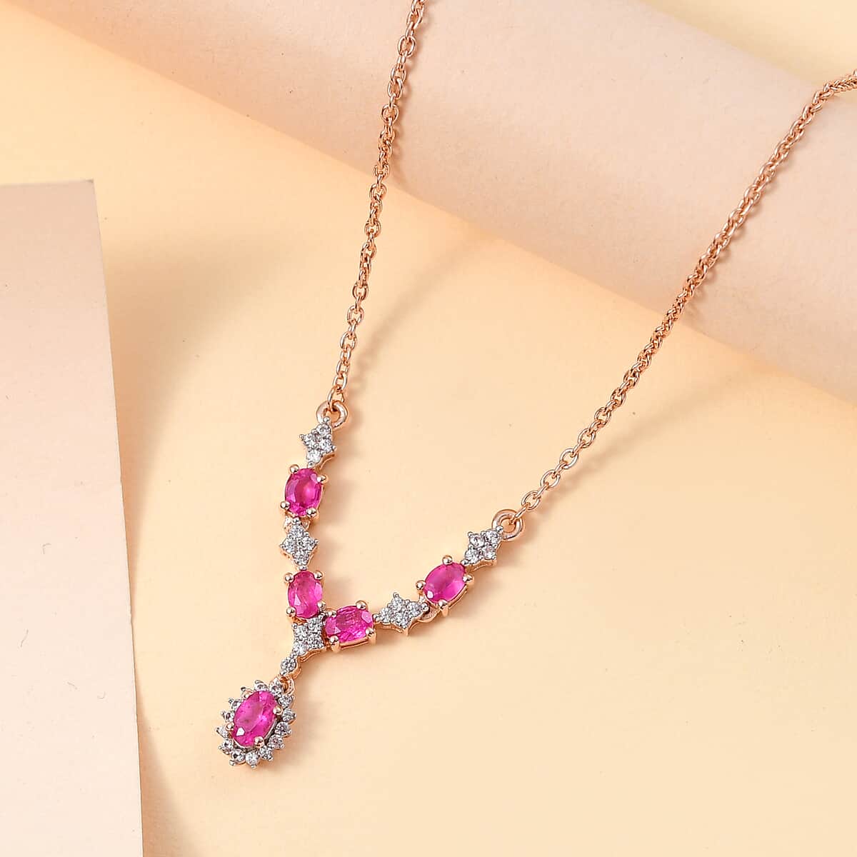 Premium Mozambique Pink Sapphire and White Zircon 1.55 ctw Floral Cascade Necklace in 18K Vermeil Rose Gold Over Sterling Silver 18 Inches image number 1