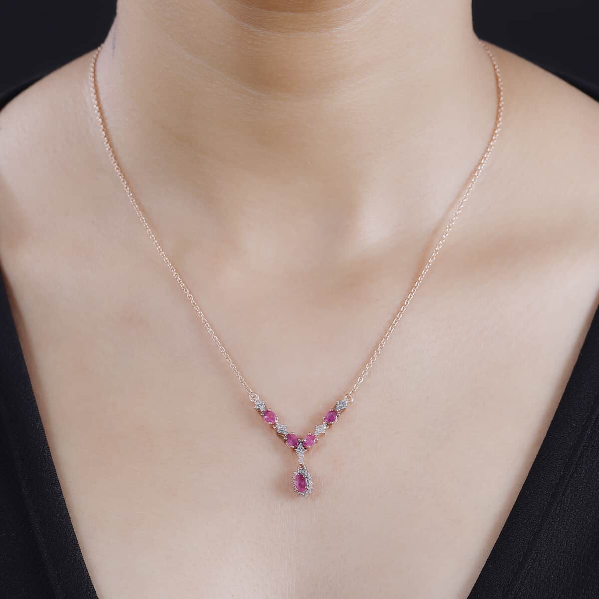 Premium Mozambique Pink Sapphire and White Zircon 1.55 ctw Floral Cascade Necklace in 18K Vermeil Rose Gold Over Sterling Silver 18 Inches image number 2