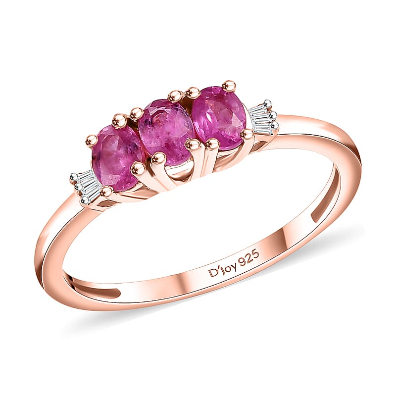 Premium Mozambique Pink Sapphire and Diamond 0.65 ctw Trilogy Ring in 18K Vermeil Rose Gold Over Sterling Silver (Size 10.0)