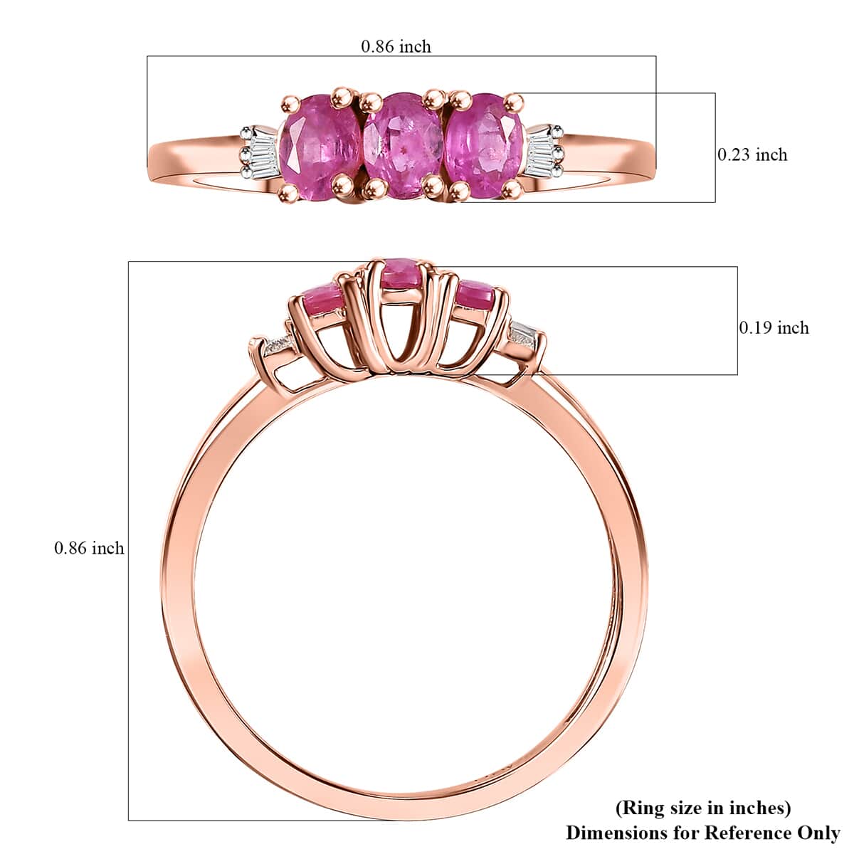 Premium Mozambique Pink Sapphire and Diamond 0.65 ctw Trilogy Ring in 18K Vermeil Rose Gold Over Sterling Silver (Size 10.0) image number 5