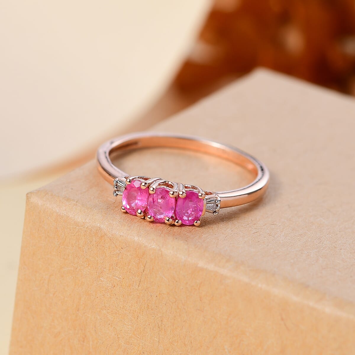 Premium Mozambique Pink Sapphire and Diamond 0.65 ctw Trilogy Ring in 18K Vermeil Rose Gold Over Sterling Silver (Size 6.0) image number 1