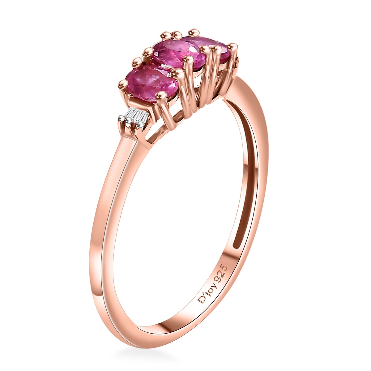 Premium Mozambique Pink Sapphire and Diamond 0.65 ctw Trilogy Ring in 18K Vermeil Rose Gold Over Sterling Silver (Size 6.0) image number 3