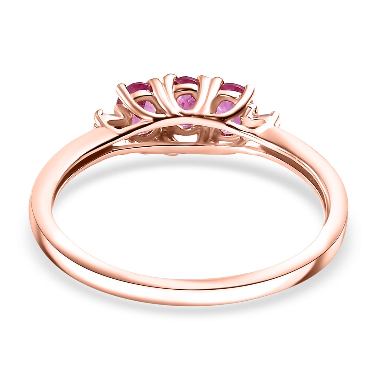 Premium Mozambique Pink Sapphire and Diamond 0.65 ctw Trilogy Ring in 18K Vermeil Rose Gold Over Sterling Silver (Size 6.0) image number 4