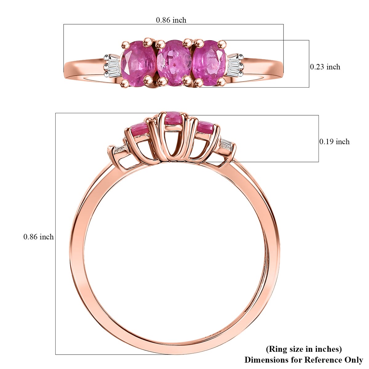 Premium Mozambique Pink Sapphire and Diamond 0.65 ctw Trilogy Ring in 18K Vermeil Rose Gold Over Sterling Silver (Size 6.0) image number 5