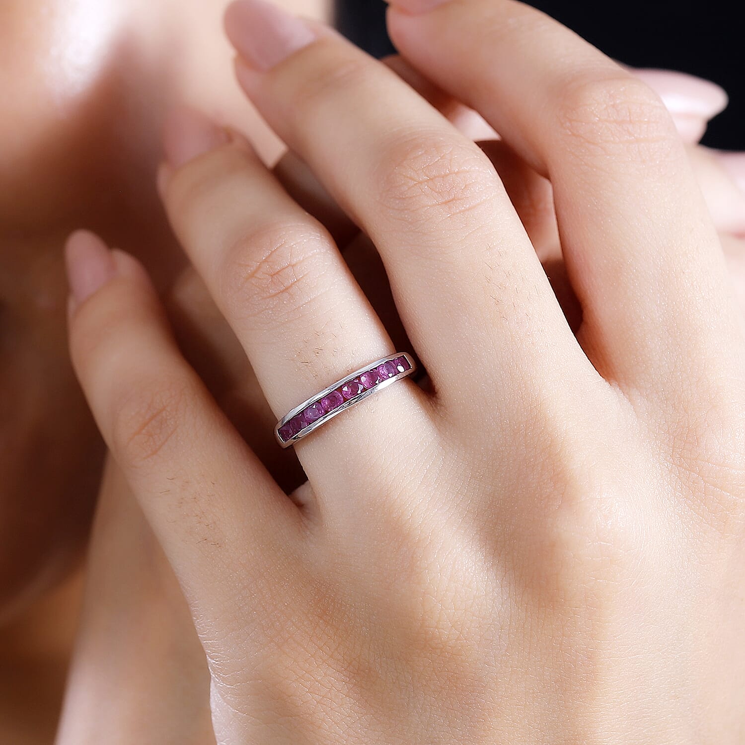 Premium Mozambique Pink Sapphire 0.85 ctw Half Eternity Ring in Rhodium Over Sterling Silver (Size 10.0) 