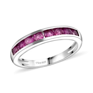 Premium Mozambique Pink Sapphire 0.85 ctw Half Eternity Ring in Rhodium Over Sterling Silver (Size 6.0) 