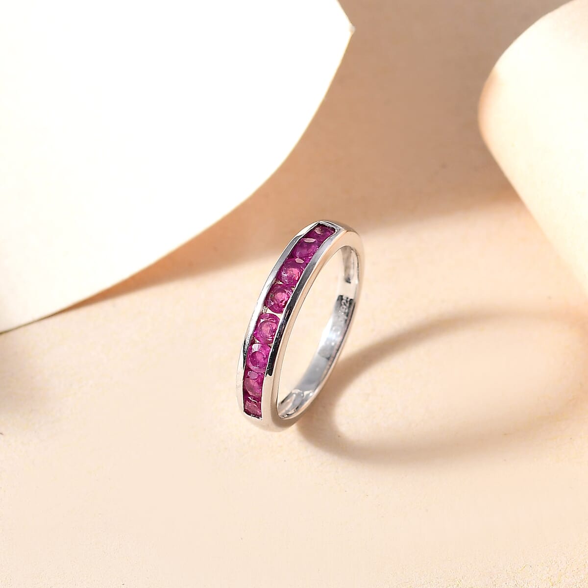 Premium Mozambique Pink Sapphire 0.85 ctw Half Eternity Ring in Rhodium Over Sterling Silver (Size 6.0)  image number 1