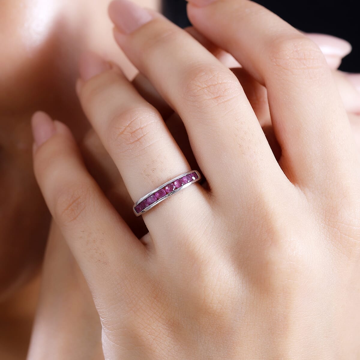 Premium Mozambique Pink Sapphire 0.85 ctw Half Eternity Ring in Rhodium Over Sterling Silver (Size 6.0)  image number 2