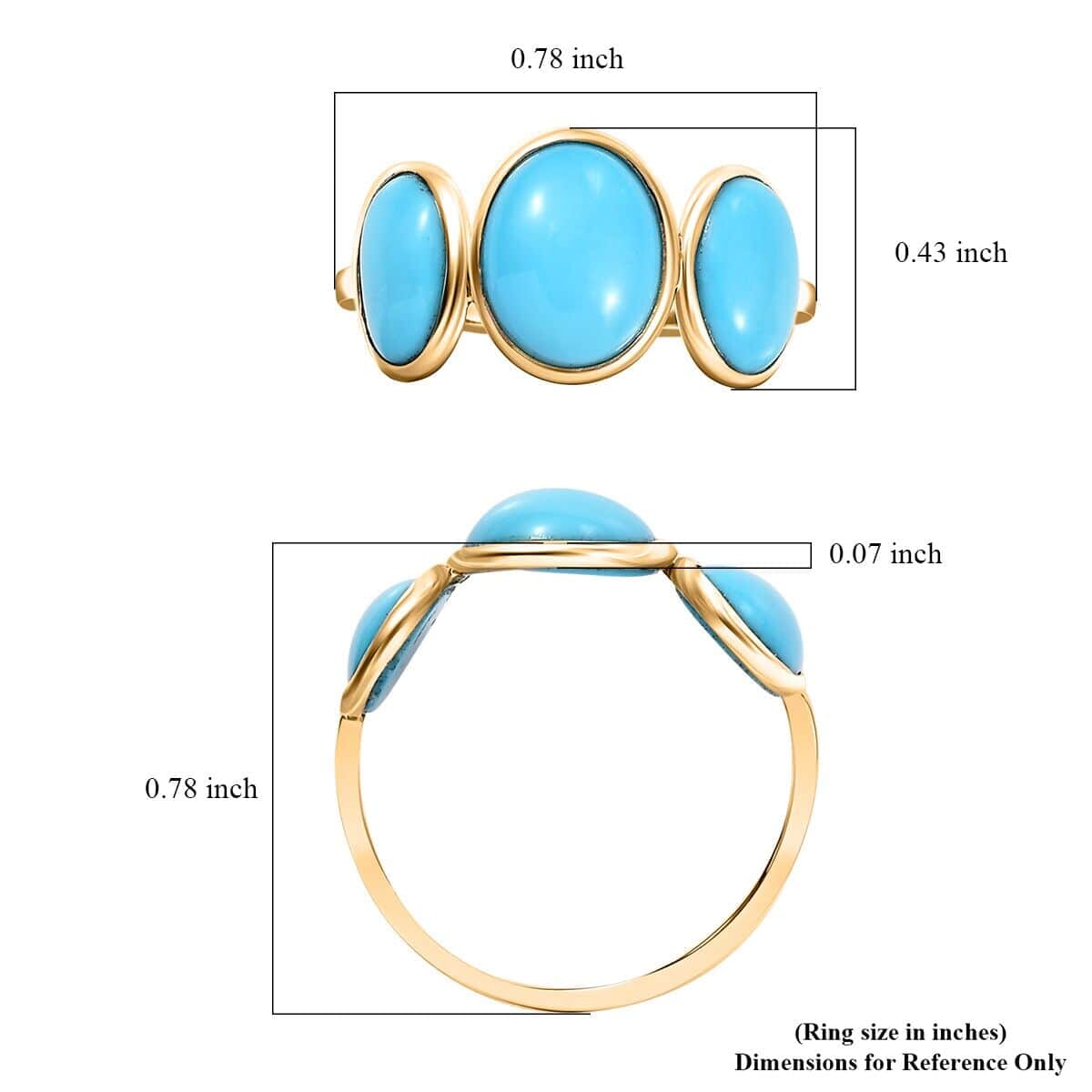 Premium Sleeping Beauty Turquoise 3.25 ctw 3 Stone Ring in 14K Yellow Gold (Size  8.5) image number 5