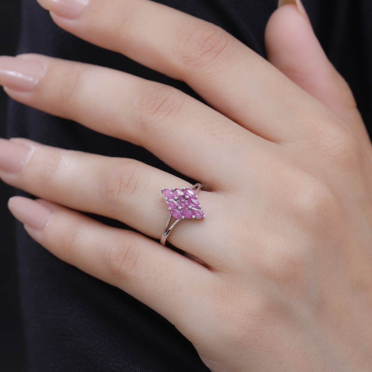 Premium Mozambique Pink Sapphire 0.85 ctw Blossom Cluster Ring in Rhodium Over Sterling Silver (Size 5.0)  image number 2