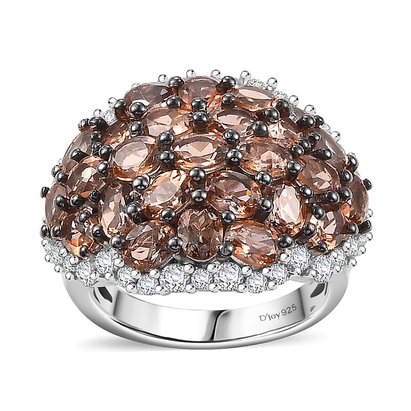 D'Joy Jenipapo Andalusite and White Zircon 6.15 ctw Ember Dome Ring in Rhodium Over Sterling Silver (Size 10.0)