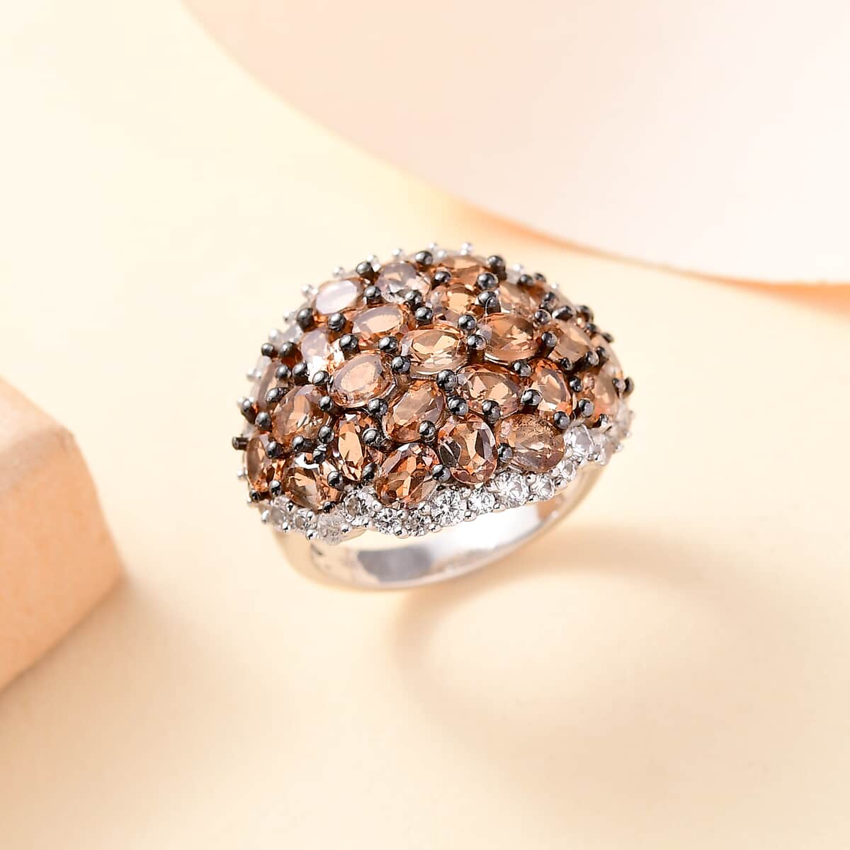 Jenipapo Andalusite and White Zircon 6.15 ctw Ember Dome Ring in Rhodium Over Sterling Silver (Size 10.0) image number 1