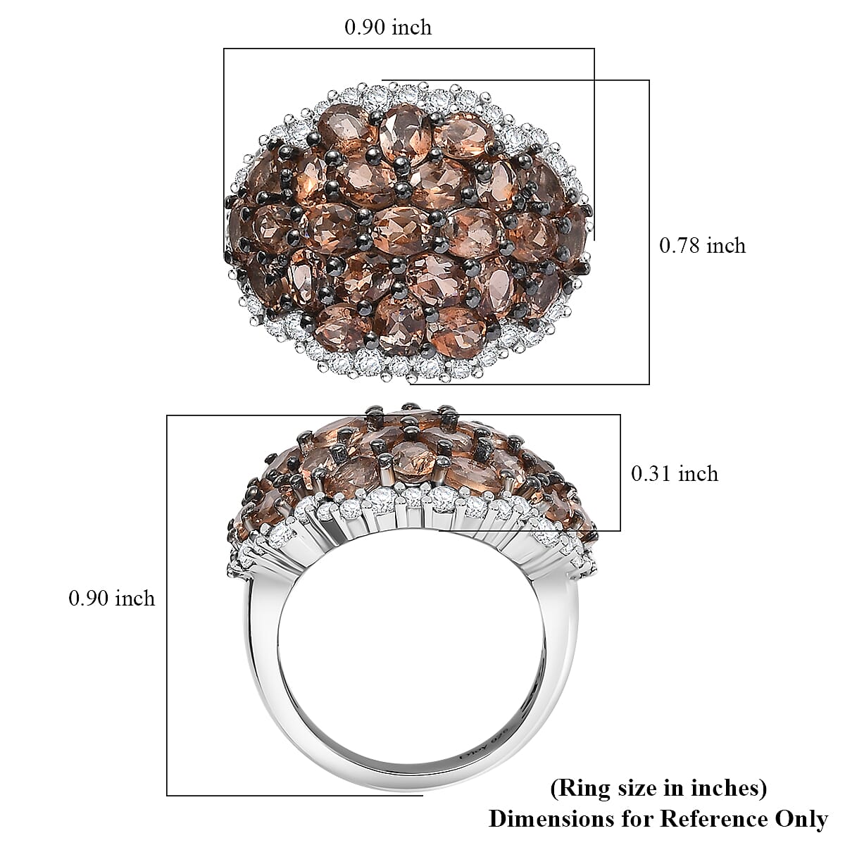 D'Joy Jenipapo Andalusite and White Zircon 6.15 ctw Ember Dome Ring in Rhodium Over Sterling Silver (Size 10.0)