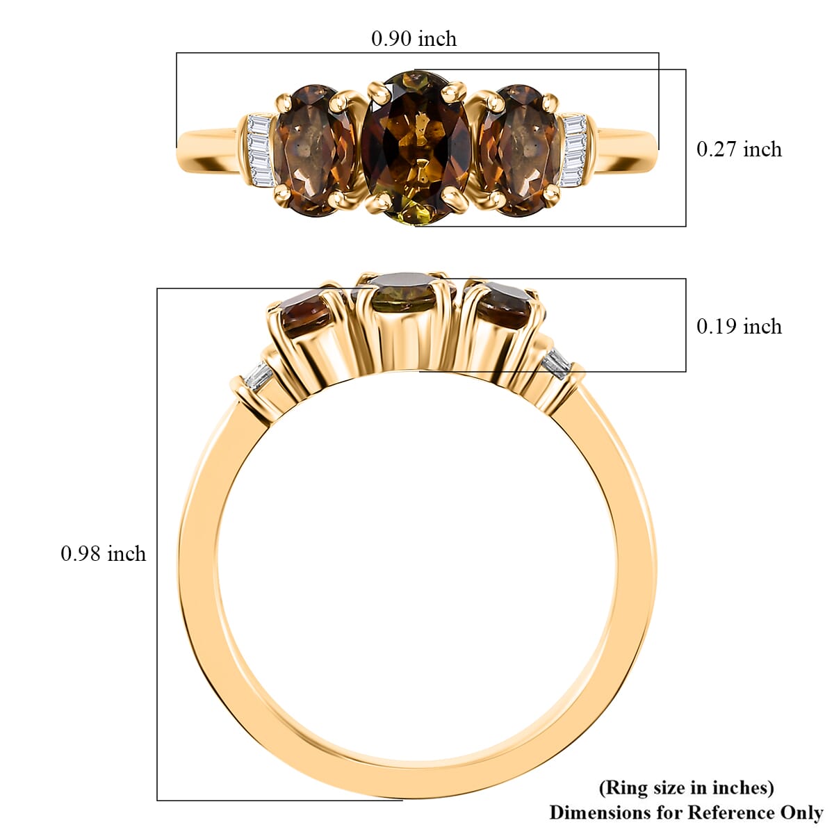 Luxoro Premium Jenipapo Andalusite and G-H I2 Diamond 1.75 ctw 3 Stone Ring in 10K Yellow Gold (Size 6.0)  image number 5