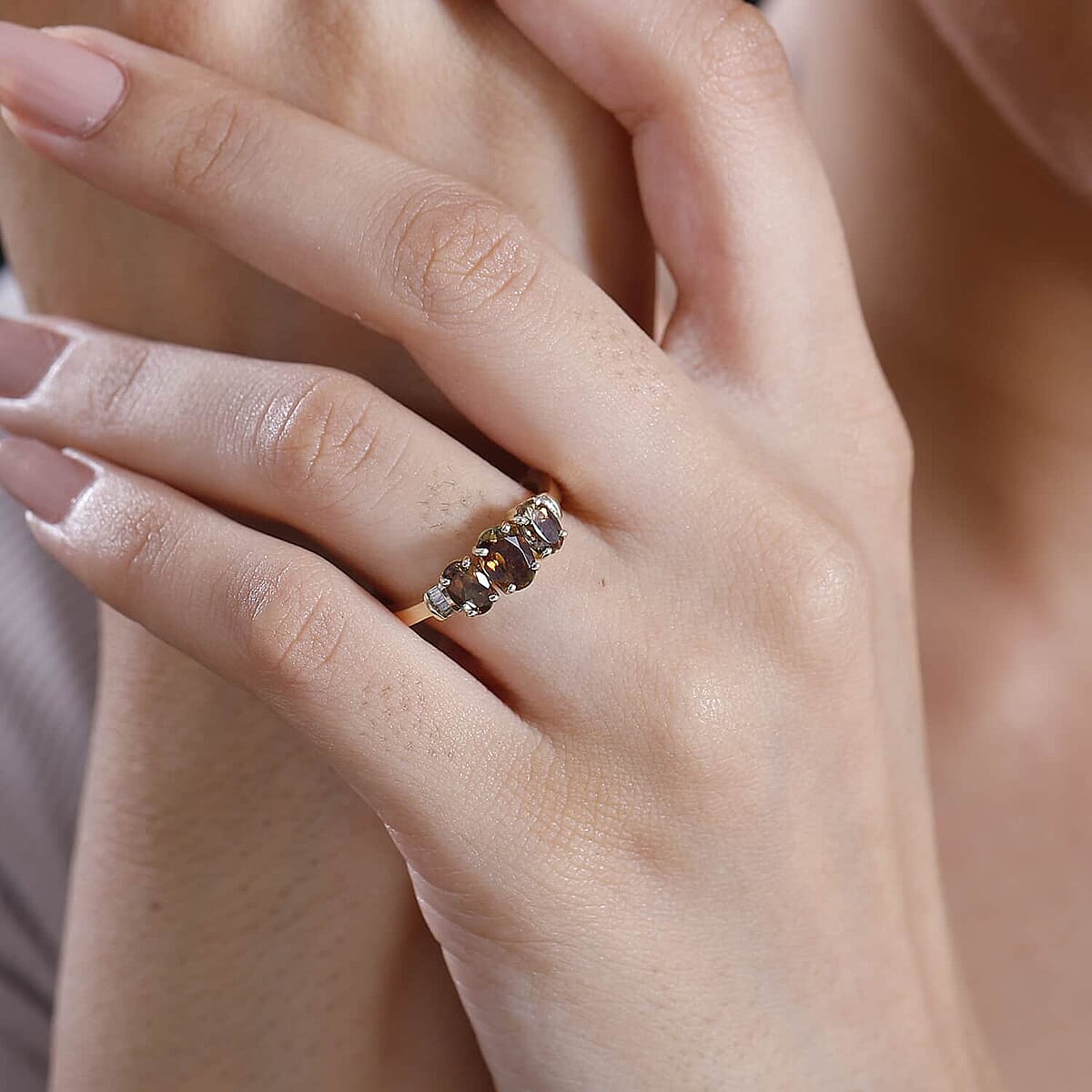 Value Buy Luxoro 10K Yellow Gold Premium Jenipapo Andalusite, Diamond (G-H, I2) 3 Stone Ring (Size 6.5) 1.75 ctw image number 2