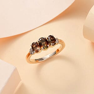 Value Buy Luxoro 10K Yellow Gold Premium Jenipapo Andalusite, Diamond (G-H, I2) 3 Stone Ring (Size 8.5) 1.75 ctw