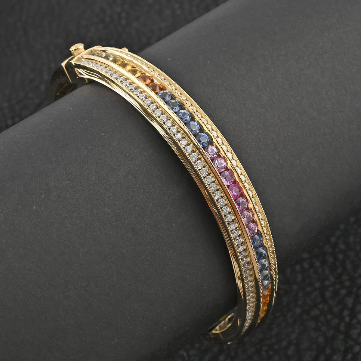 Clarte Prisma Collection Multi Sapphire, Moissanite Bangle Bracelet in Vermeil YG Over Sterling Silver (6.50 In) 5.15 ctw image number 1