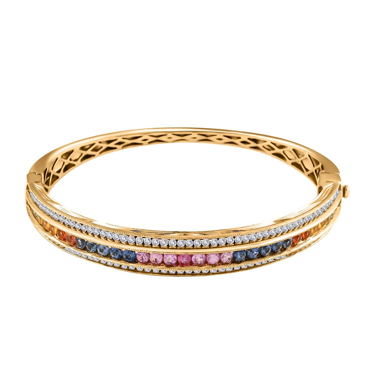 Clarte Prisma Collection Multi Sapphire and Moissanite 5.15 ctw Bangle Bracelet in Vermeil Yellow Gold Over Sterling Silver (7.25 In) image number 0