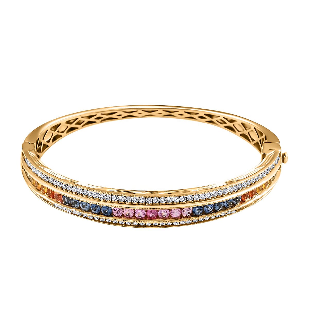 Clarte Prisma Collection Multi Sapphire and Moissanite 5.15 ctw Bangle Bracelet in Vermeil Yellow Gold Over Sterling Silver (8.0 In) image number 0