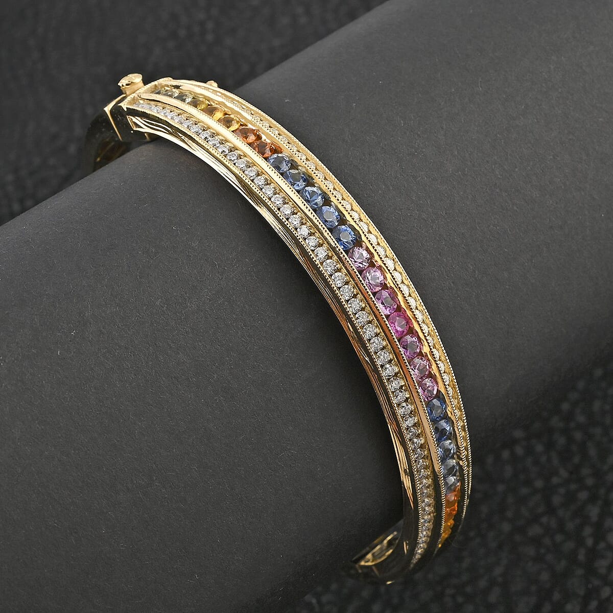 Clarte Prisma Collection Multi Sapphire and Moissanite 5.15 ctw Bangle Bracelet in Vermeil Yellow Gold Over Sterling Silver (8.0 In) image number 1