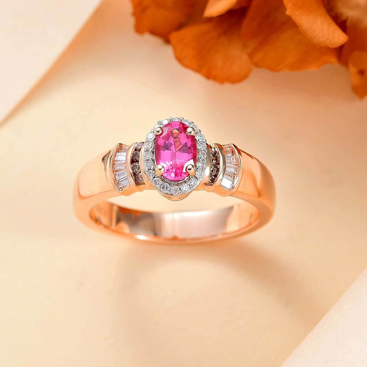 Certified & Appraised Luxoro AAA Mahenge Spinel, I2 Natural Champagne and White Diamond 0.70 ctw Ballerina Ring in 10K Rose Gold (Size 7.5) image number 1