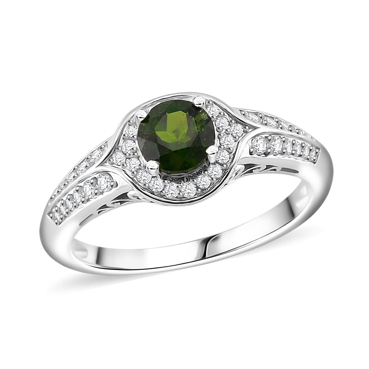 Chrome Diopside and White Zircon 1.30 ctw Halo Ring in Rhodium Over Sterling Silver (Size 10.0) image number 0