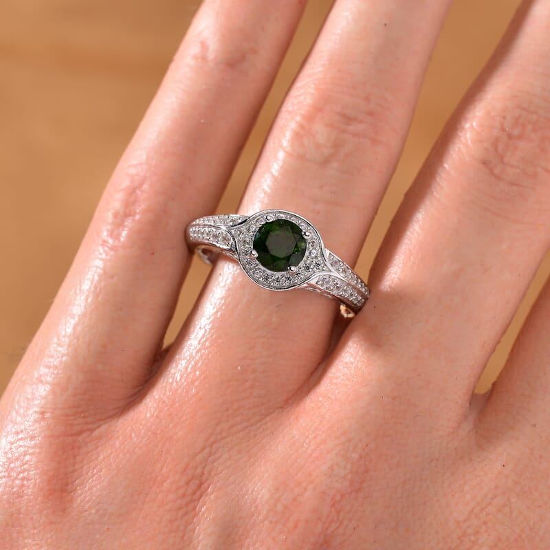 Chrome Diopside and White Zircon 1.30 ctw Halo Ring in Rhodium Over Sterling Silver (Size 10.0)