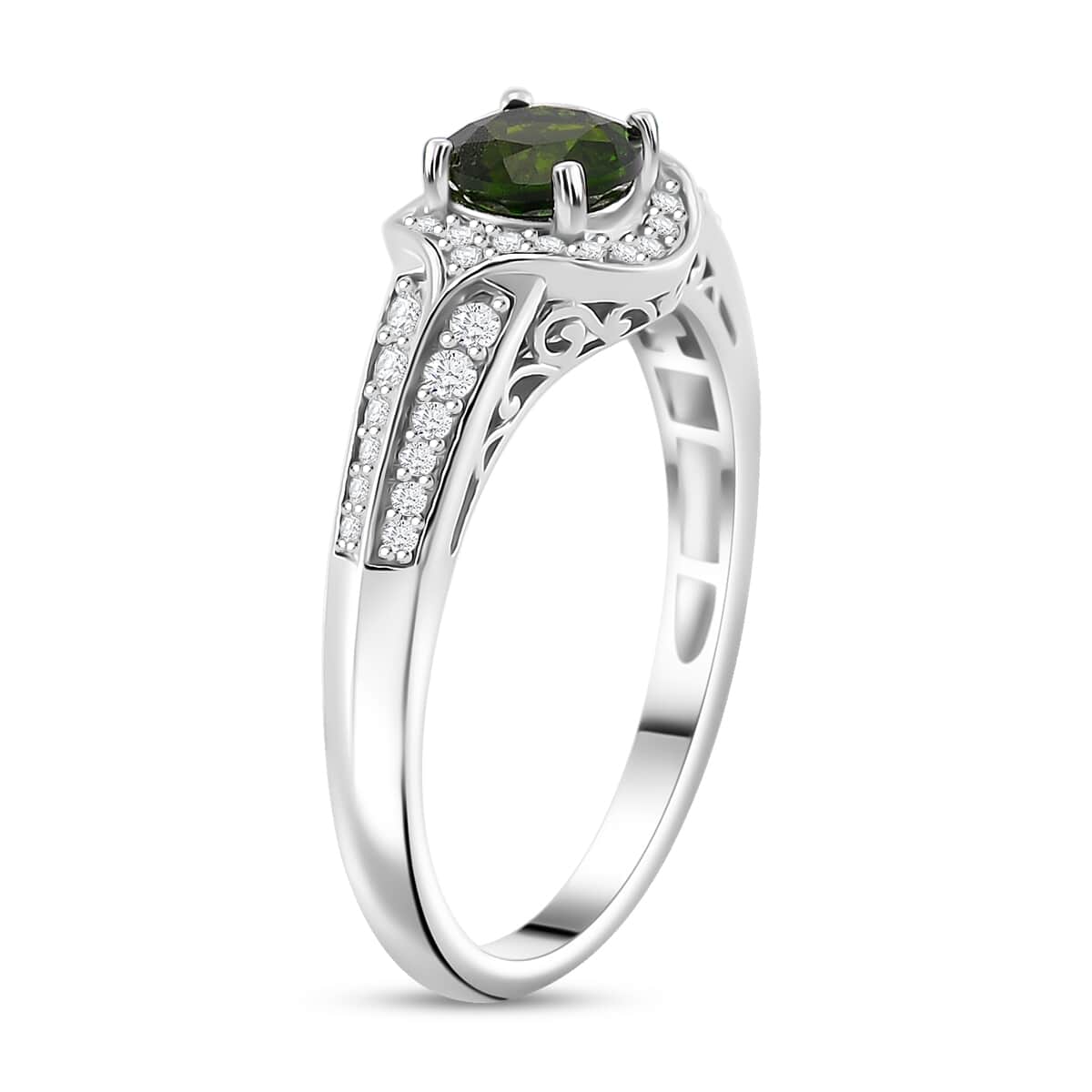 Chrome Diopside and White Zircon 1.30 ctw Halo Ring in Rhodium Over Sterling Silver (Size 10.0) image number 2