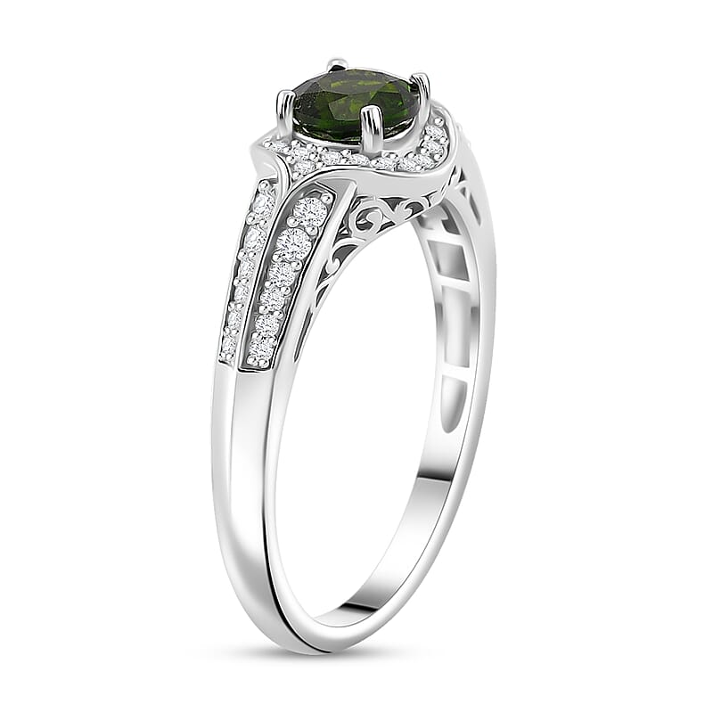 Chrome Diopside and White Zircon 1.30 ctw Halo Ring in Rhodium Over Sterling Silver (Size 10.0)