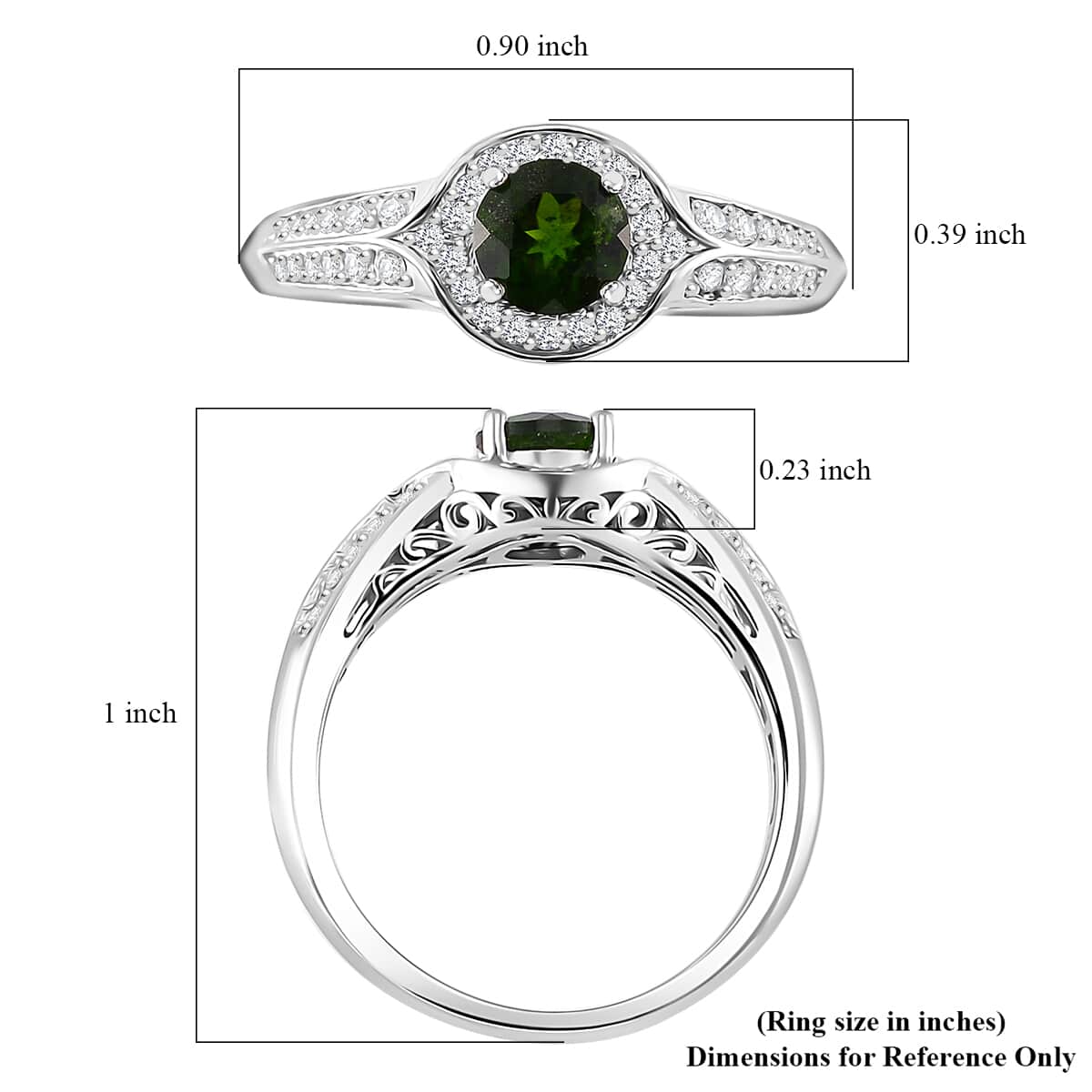 Chrome Diopside and White Zircon 1.30 ctw Halo Ring in Rhodium Over Sterling Silver (Size 10.0) image number 4