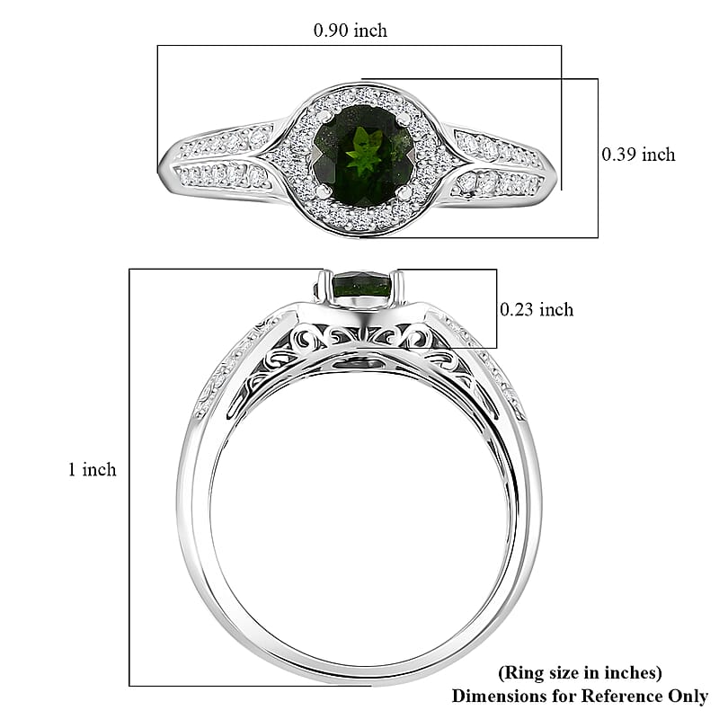 Chrome Diopside and White Zircon 1.30 ctw Halo Ring in Rhodium Over Sterling Silver (Size 10.0)