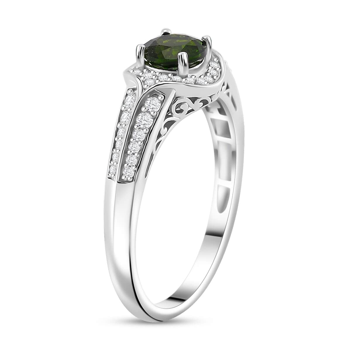 Chrome Diopside and White Zircon 1.30 ctw Halo Ring in Rhodium Over Sterling Silver (Size 8.0) image number 2