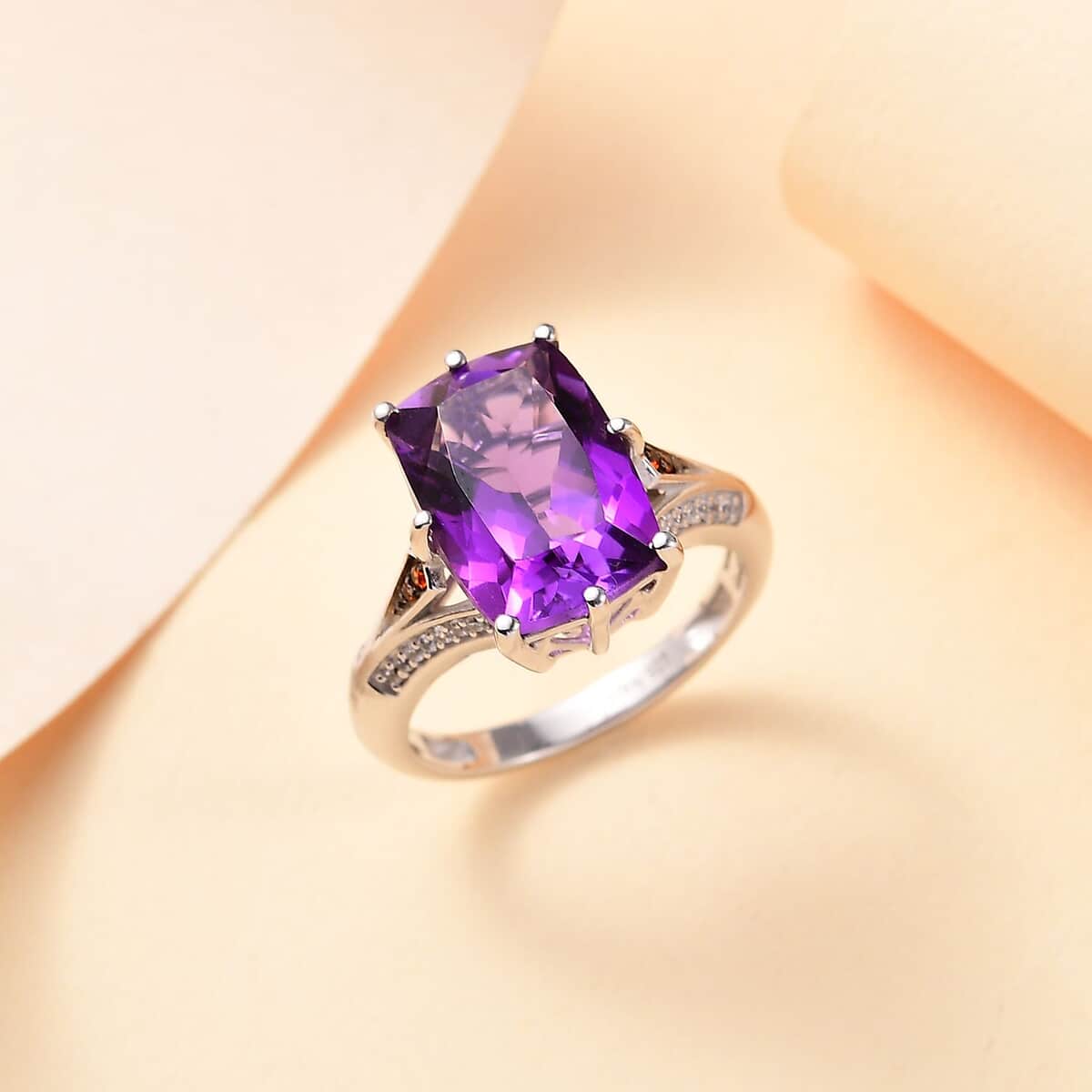 African Amethyst, Brown and White Zircon 7.00 ctw Split Shank Ring in Rhodium Over Sterling Silver (Size 10.0) image number 1