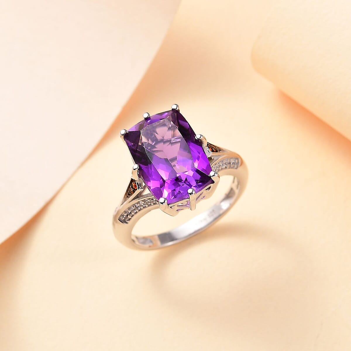 D'Joy African Amethyst, Brown and White Zircon 7.00 ctw Split Shank Ring in Rhodium Over Sterling Silver (Size 7.0) image number 1