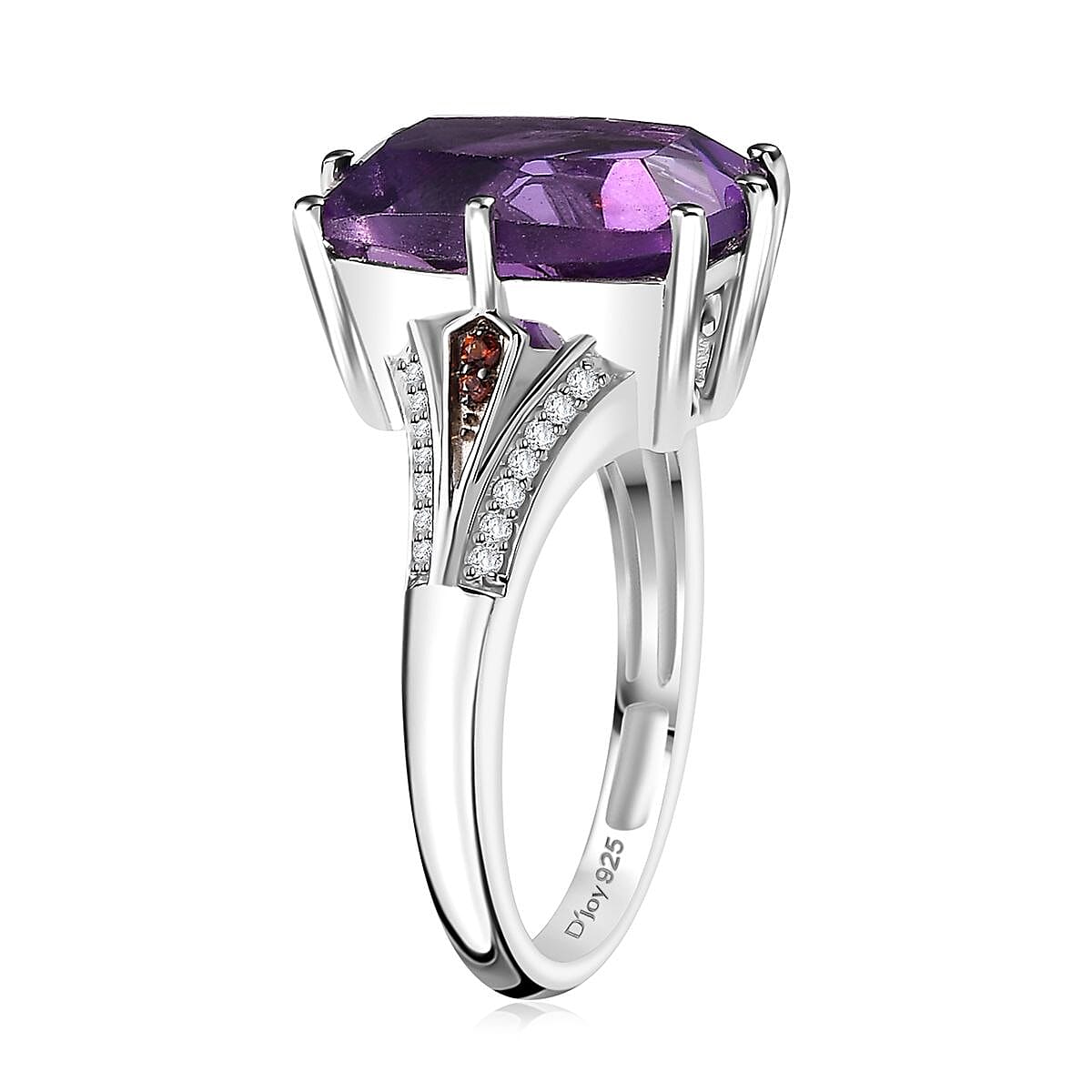D'Joy African Amethyst, Brown and White Zircon 7.00 ctw Split Shank Ring in Rhodium Over Sterling Silver (Size 7.0) image number 3