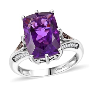 African Amethyst, Brown and White Zircon 7.00 ctw Split Shank Ring in Rhodium Over Sterling Silver (Size 9.0)