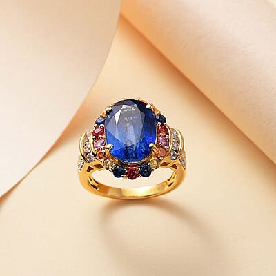D'Joy Premium Kashmir Kyanite and Multi Gemstone 9.70 ctw Oceanic Sunset Ring in 18K Vermeil Yellow Gold Over Sterling Silver (Size 10.0)