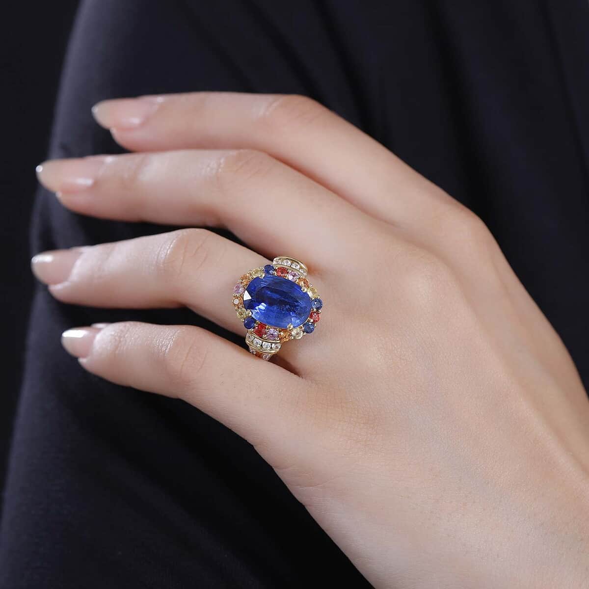 Premium Kashmir Kyanite and Multi Gemstone 9.70 ctw Ring in 18K Vermeil Yellow Gold Over Sterling Silver image number 2