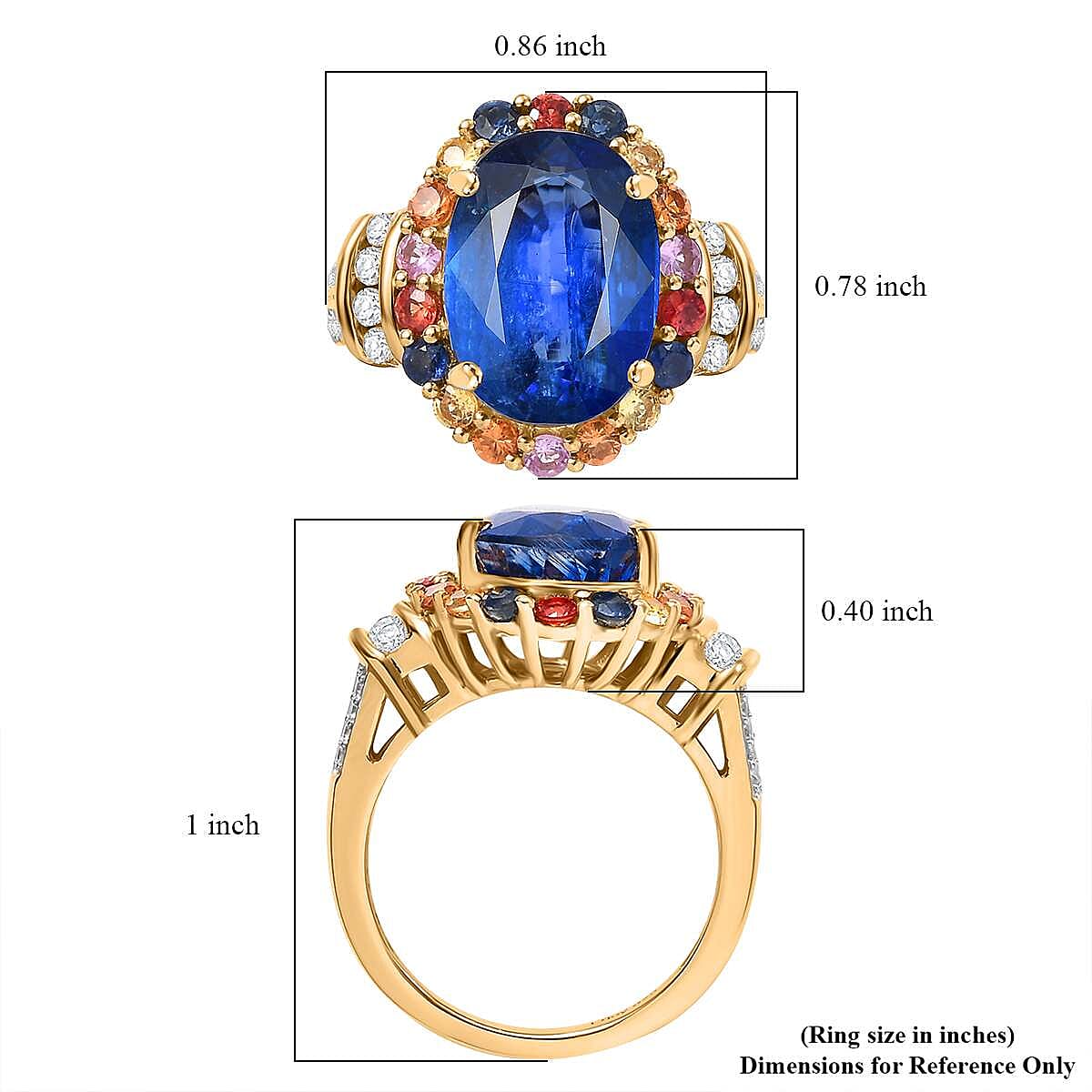 D'Joy Premium Kashmir Kyanite and Multi Gemstone 9.70 ctw Oceanic Sunset Ring in 18K Vermeil Yellow Gold Over Sterling Silver (Size 10.0)