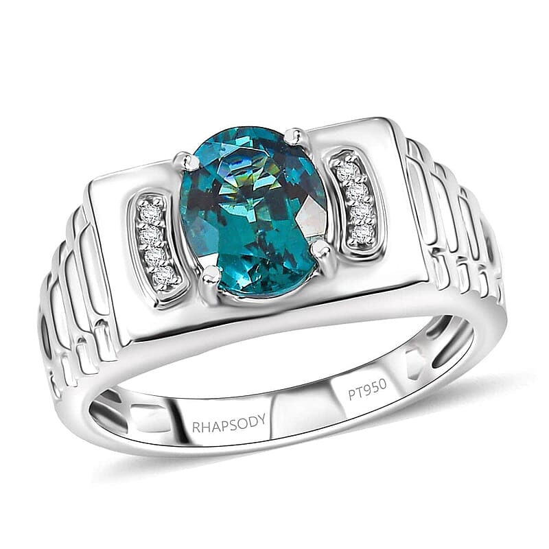 Rhapsody AAAA Pirineu Lagoon Tourmaline and E-F VS2 Diamond 2.10 ctw Men's Ring in 950 Platinum (Size 10.0) 10.50 Grams